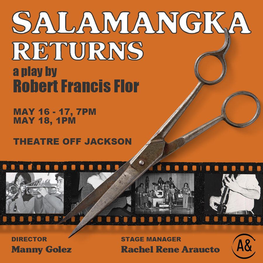 A pair of barber scissors stands against an orange background with the text SALAMANGKA RETURNS, a play by Robert Francis Flores