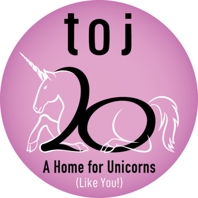 In a purple circle, a stylized unicorn reclines. The curve of its neck and haunches create a '20' to celebrate 20 years of Theatre Off Jackson, and the text reads 'TOJ: A Home for Unicorns (like you!)'