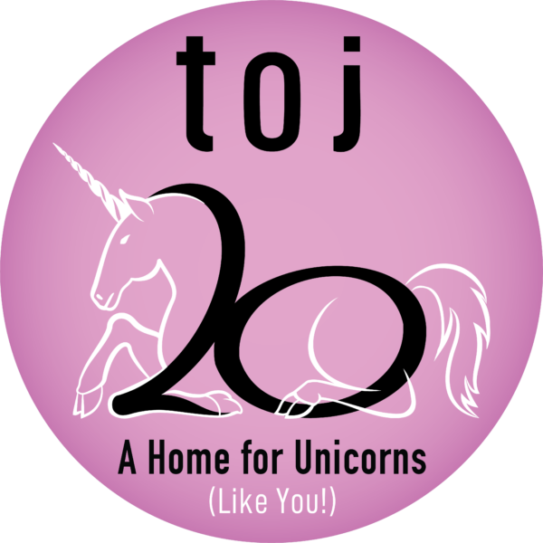 In a purple circle, a stylized unicorn reclines. The curve of its neck and haunches create a '20' to celebrate 20 years of Theatre Off Jackson, and the text reads 'TOJ: A Home for Unicorns (like you!)'